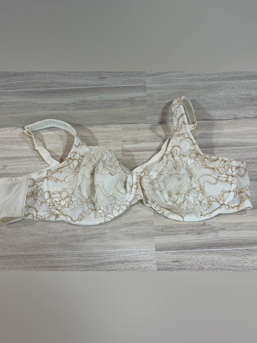 Cacique Cream Lace Underwire Bra with Gold Floral Embroidery Size 44C